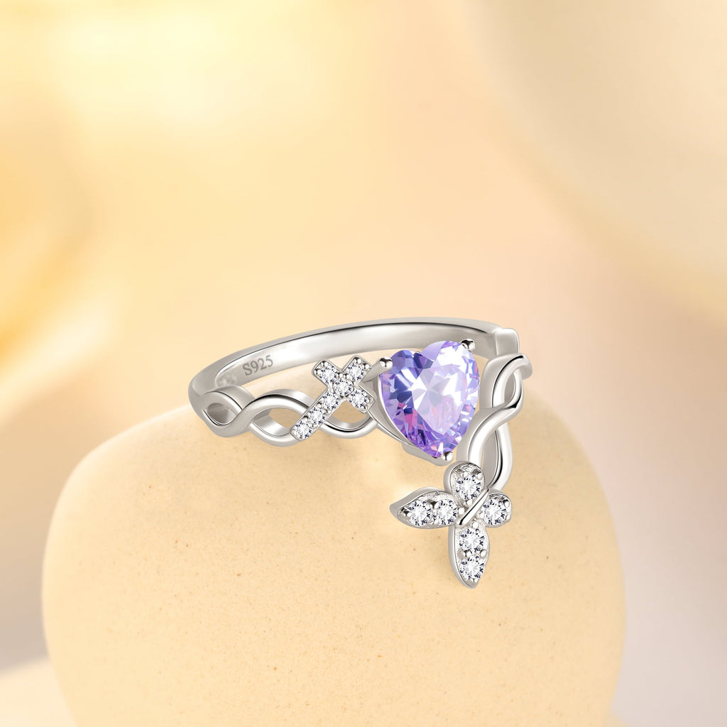 Heart Halo Ring,Butterfly 925 Sterling Adjustable Open Band Rings Valentines Jewelry Gifts for Women Mom-March