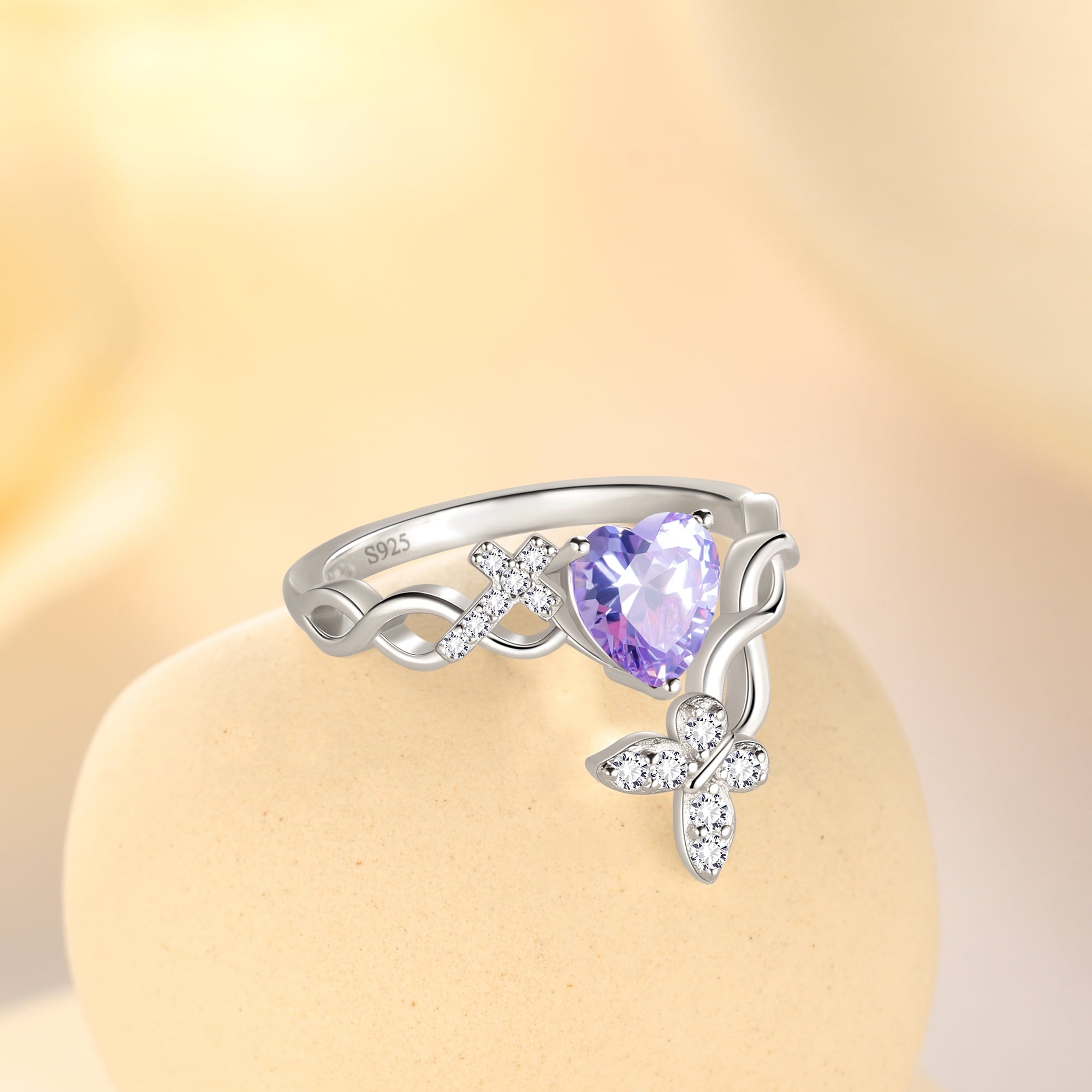 Heart Halo Ring,Butterfly 925 Sterling Adjustable Open Band Rings Valentines Jewelry Gifts for Women Mom-March