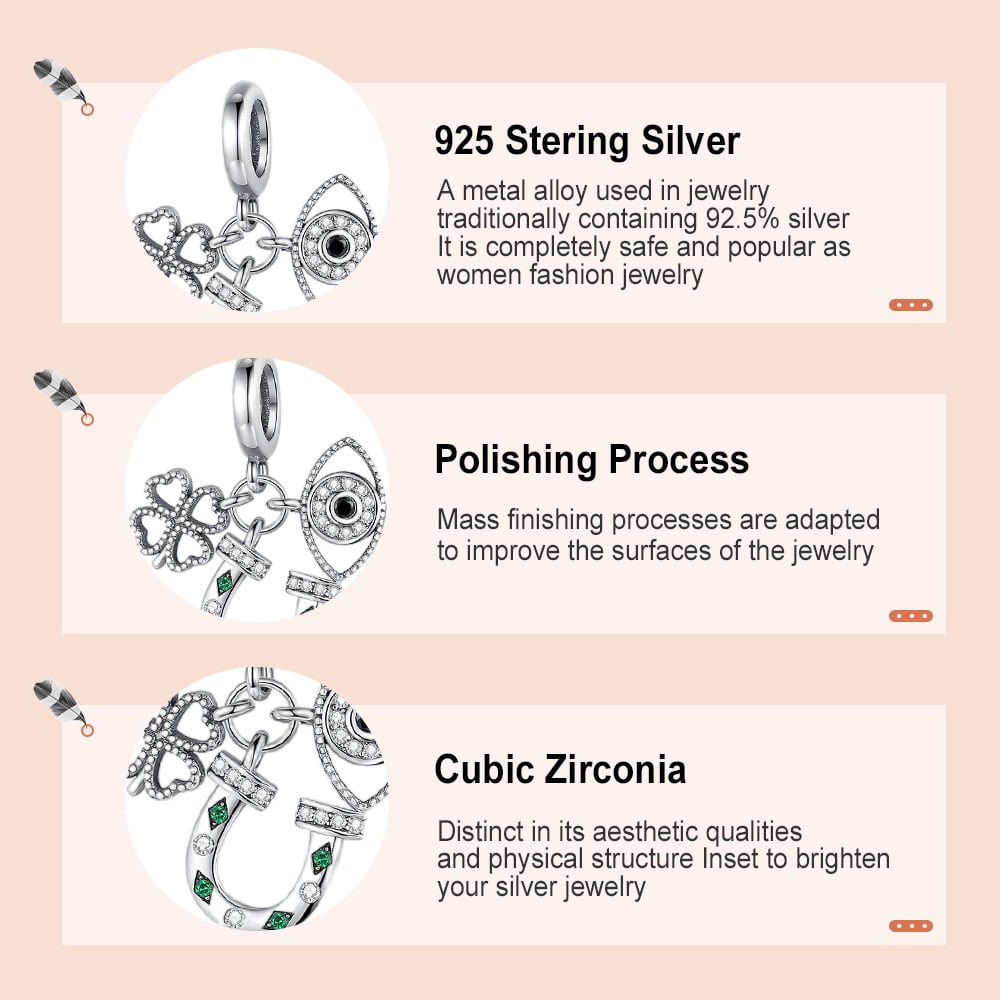 925 Sterling Charm for Bracelets Four Leaf Clover Lucky OpenWork Bead Charm Women Bracelet Charm