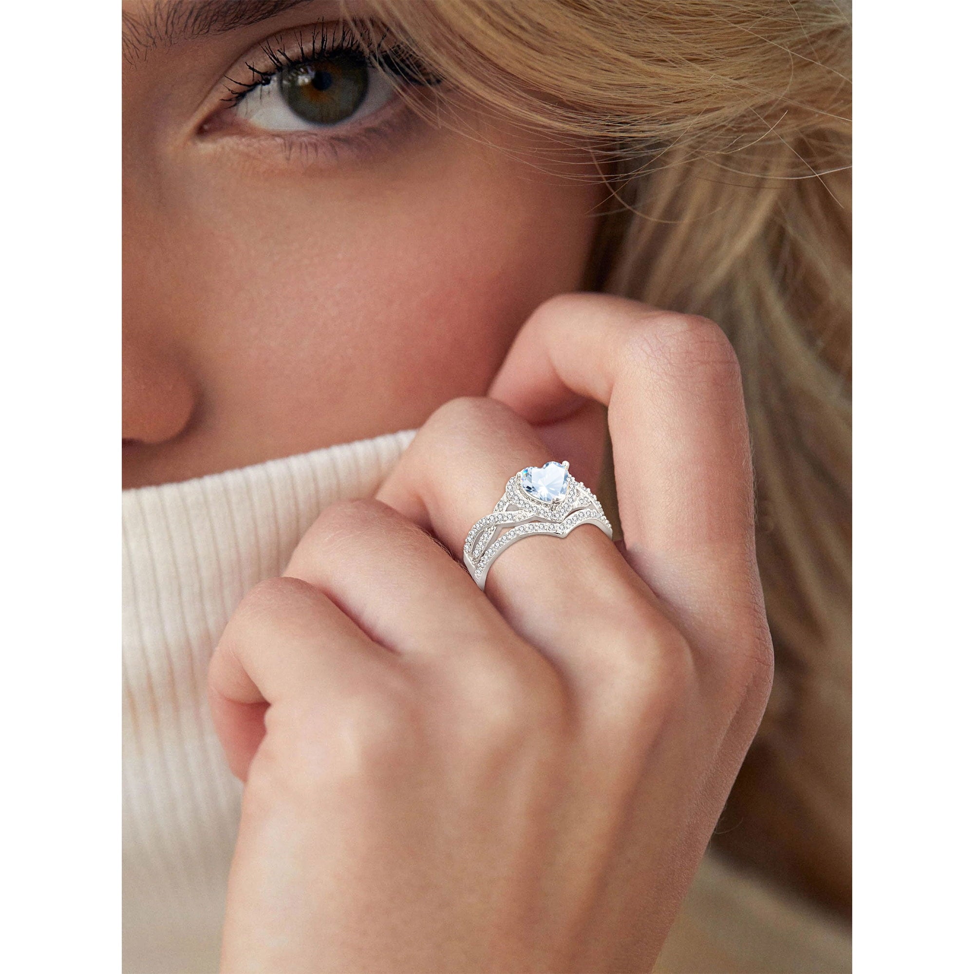 S925 Sterling Plated Heart Wedding Rings for Women CZ Eternity Band Engagement Rings Set Valentines Jewelry Gifts Her Girlfriend Wife Adults Ideas