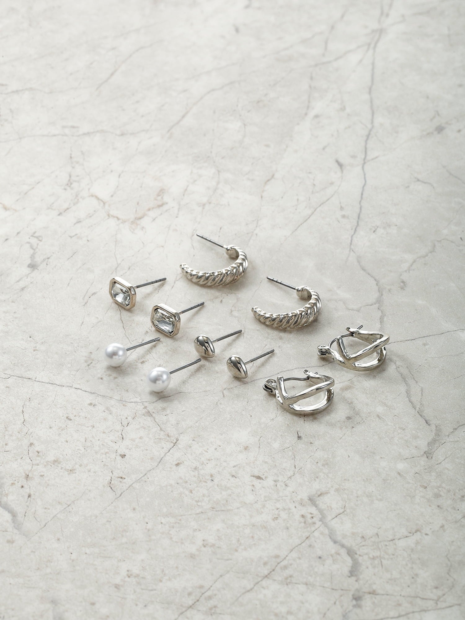 Silvertone Multi Earring Set, 5 Pairs, Initial B