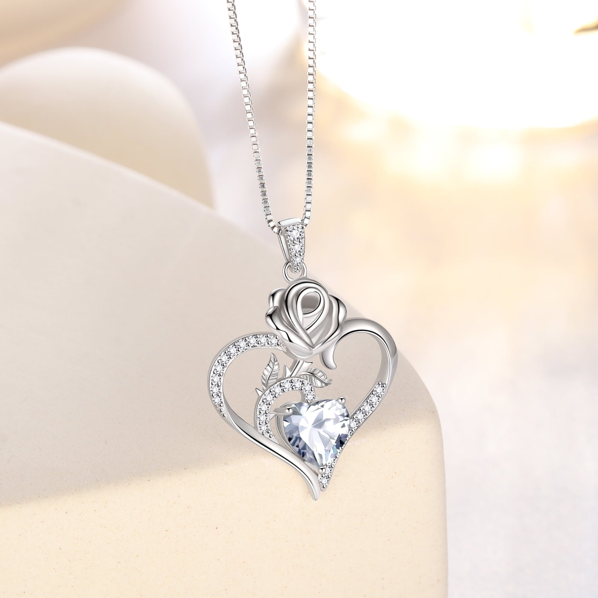 925 Sterling Necklace Rose Flower Heart Pendant Jewelry Valentines Gifts for Women Mom Wife/Lover