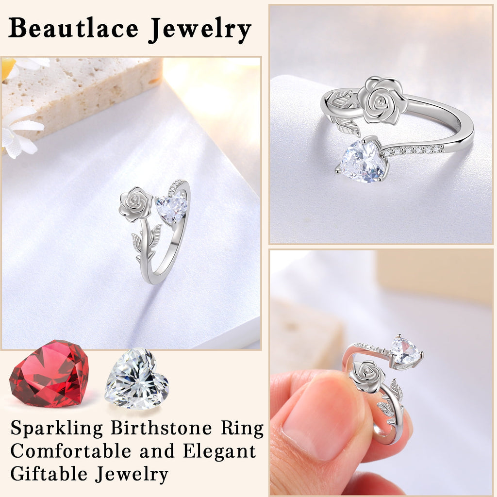Rose Heart Ring,925 Sterling Adjustable Open Heart Rings Jewelry Gifts for Women Mom -December