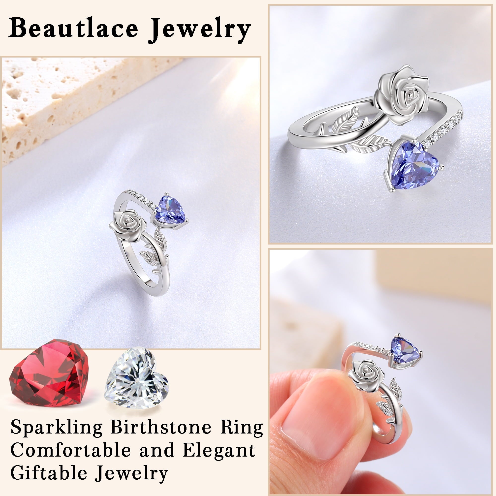 Rose Heart Ring,925 Sterling Adjustable Open Heart Rings Jewelry Gifts for Women Mom -December