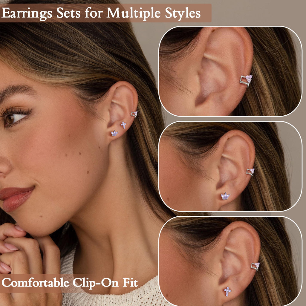 3 Pairs 925 Sterling Cross Earrings Set for Women, Flower Studs and Ear Cuffs Jewelry Set for Her