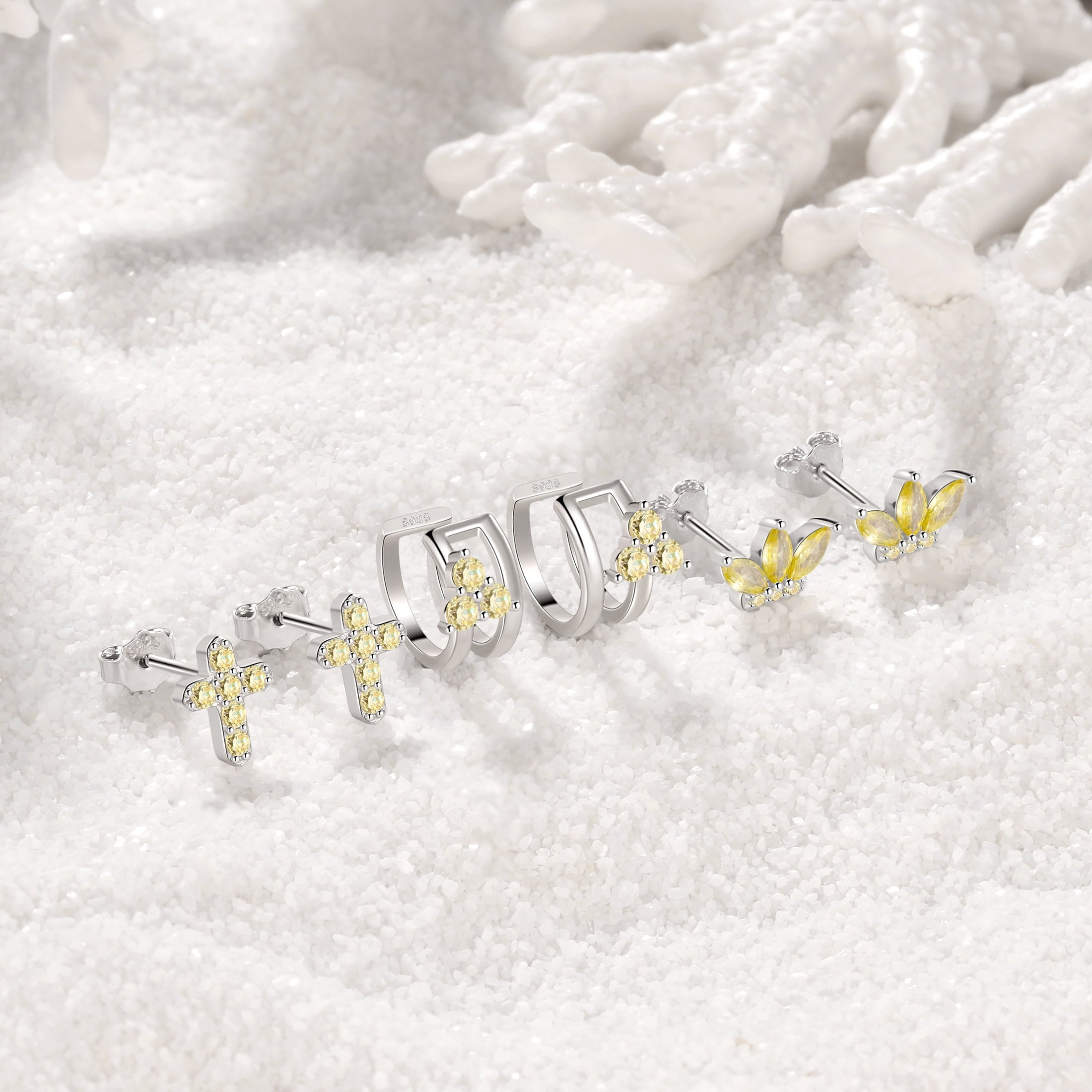 3 Pairs 925 Sterling Cross Earrings Set for Women, Flower Studs and Ear Cuffs Jewelry Set for Her