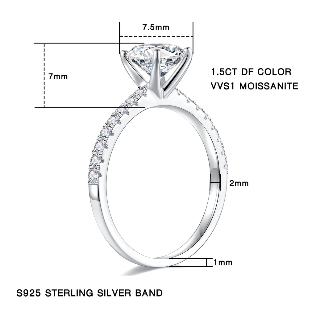Engagement Rings for Women 1.5ct Brilliant Round Cut Rhodium Plated Solid S925 Sterling Stackable Jewelry Wedding Bands Valentines Day Gifts for Women