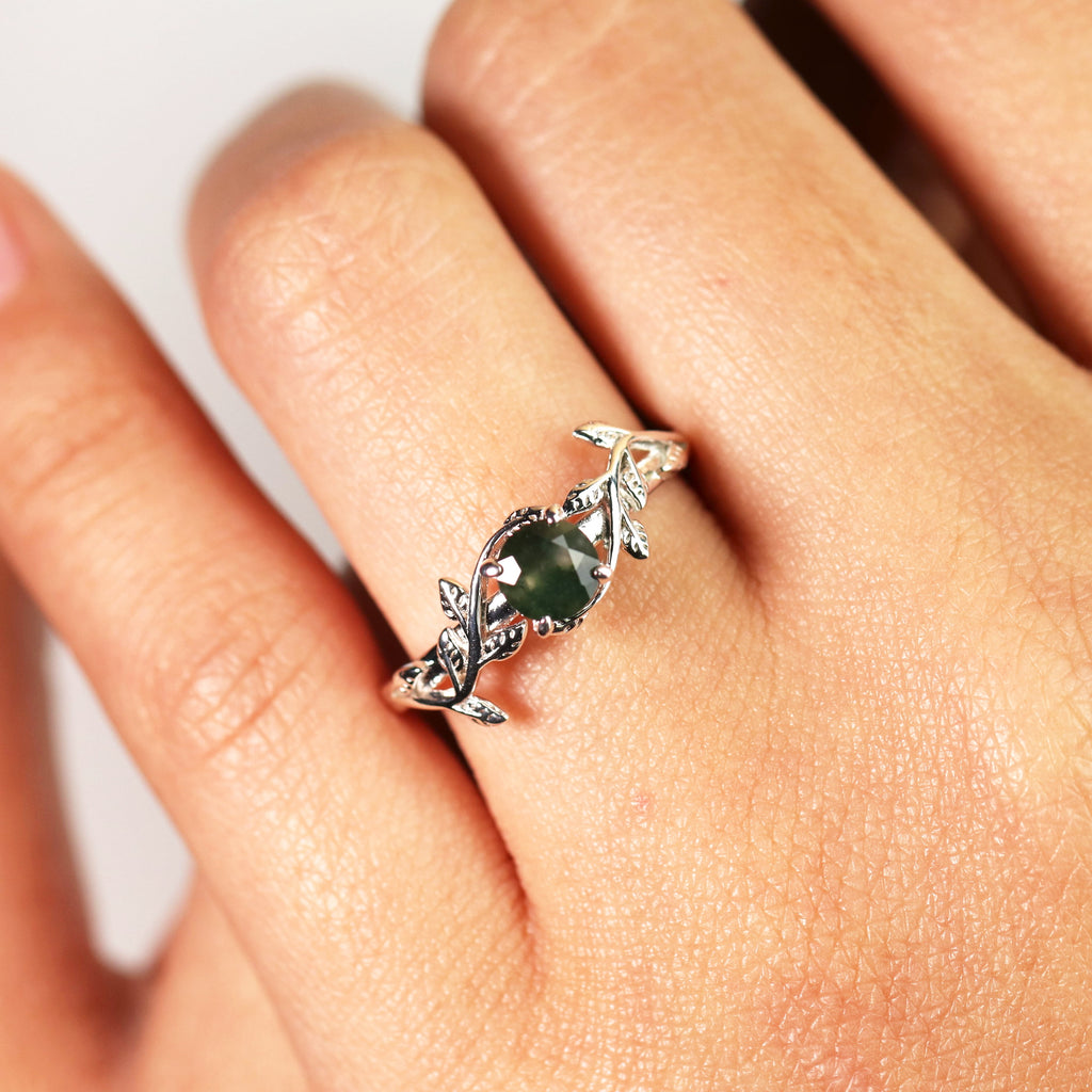 Nature Inspired 0.50 Green Moss Agate Solitaire Engagement Ring - Forest Ring - 18K White Plating for Women