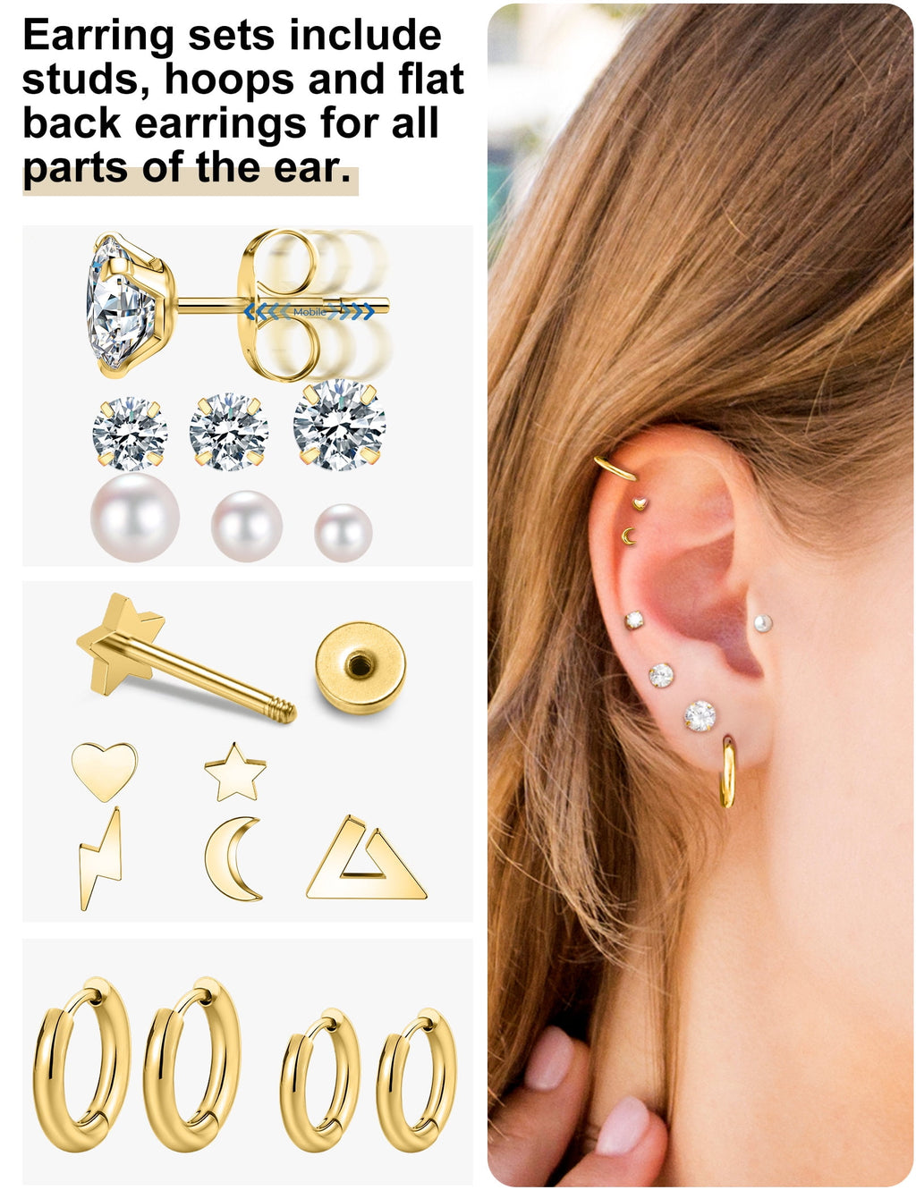 6 Pairs Stud Earrings Hypoallergenic Surgical Steel Cubic Zirconia Earrings