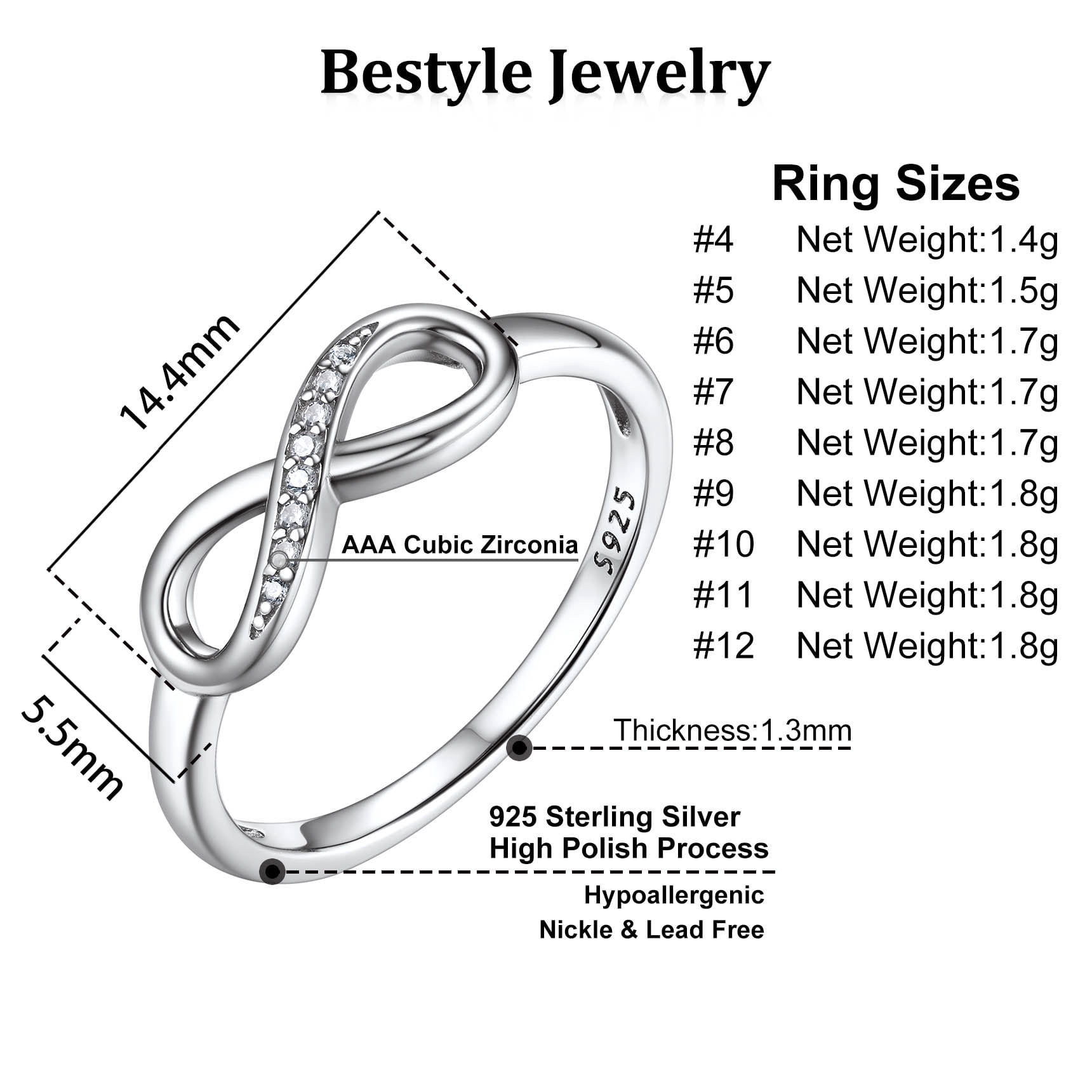 Created Diamond Engagement Rings for Women 925 Sterling Infinity Wedding Band Gifts Size 4-12