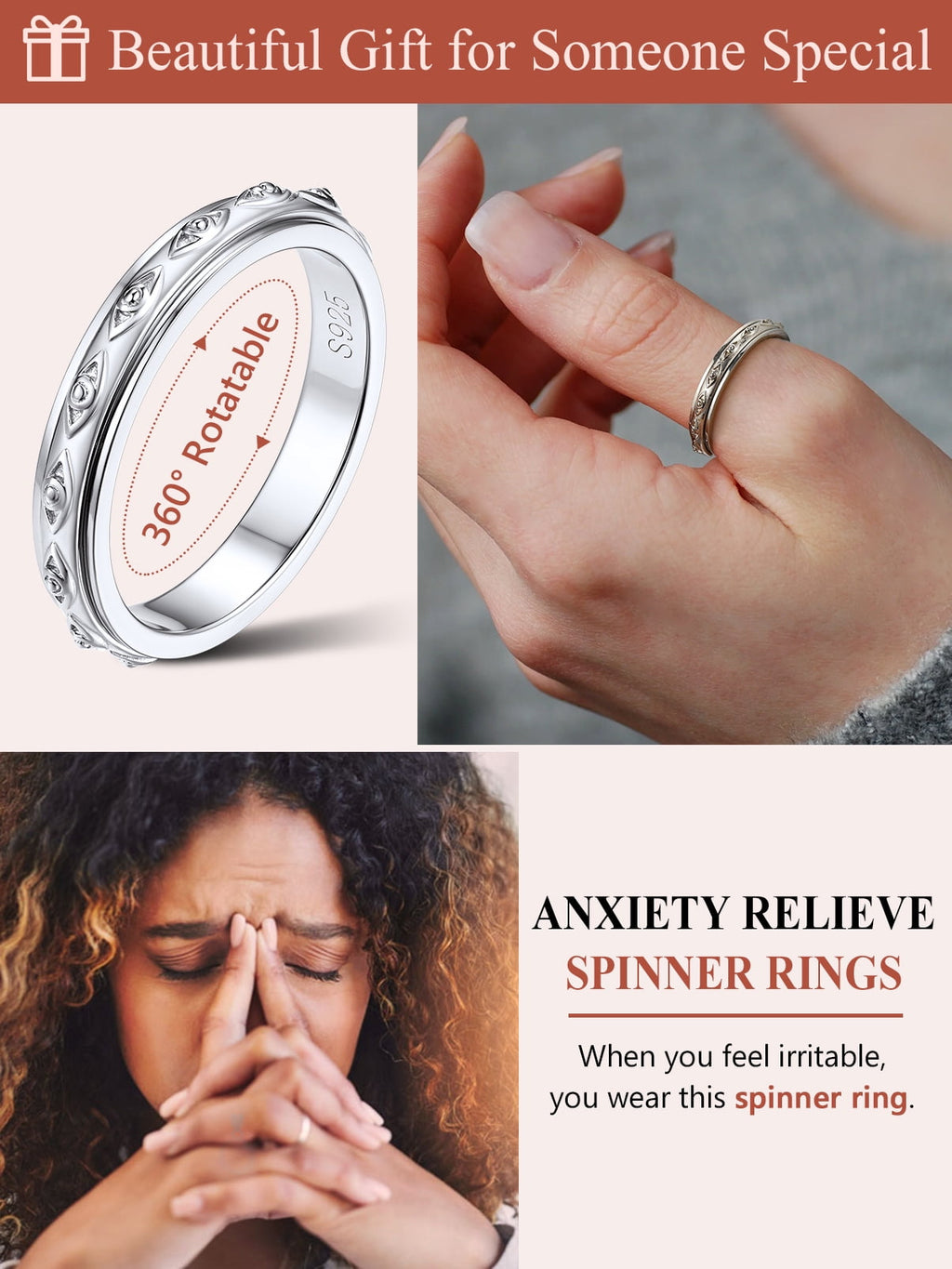 S925 Sterling Fidget Rings Embossed Celtic Spinner Rings Anxiety Stress Relieving Band Gifts for Women, Size 7