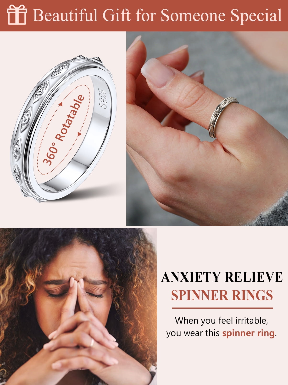 S925 Sterling Fidget Rings Embossed Celtic Spinner Rings Anxiety Stress Relieving Band Gifts for Women, Size 7