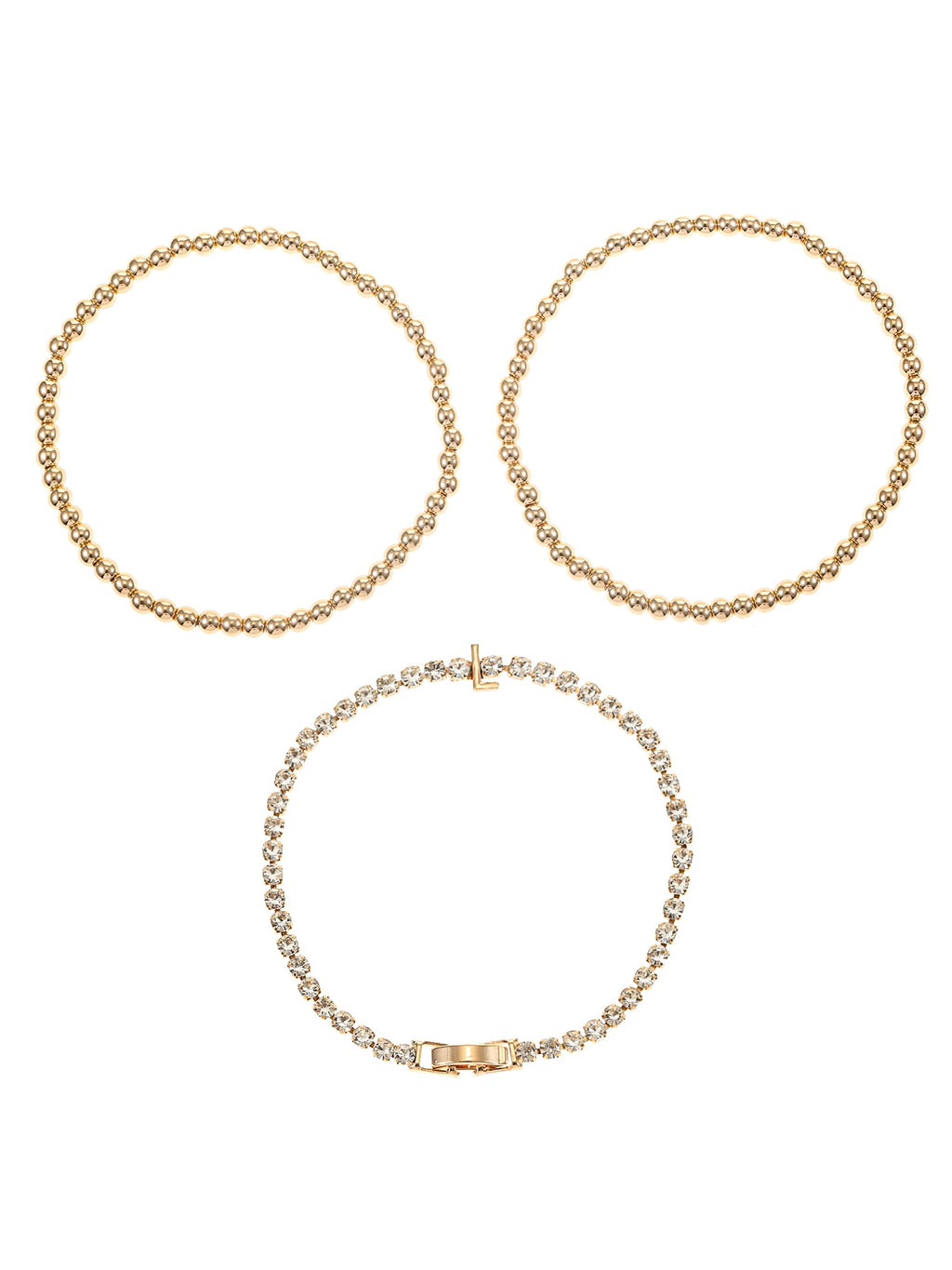 Goldtone and Crystal Beaded Stretch Bracelets, 3 Pieces, Initial Letter C