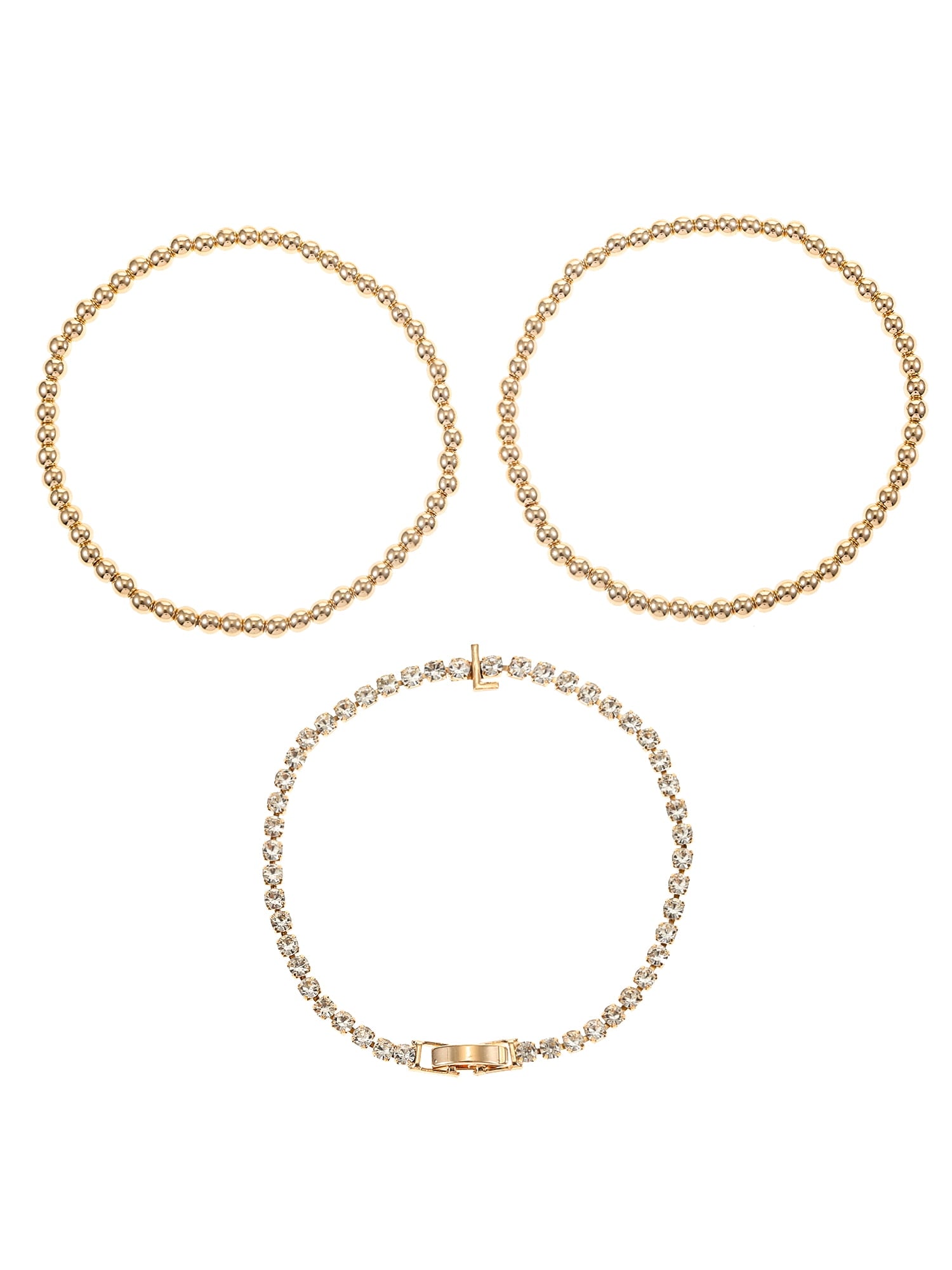 Goldtone and Crystal Beaded Stretch Bracelets, 3 Pieces, Initial Letter C