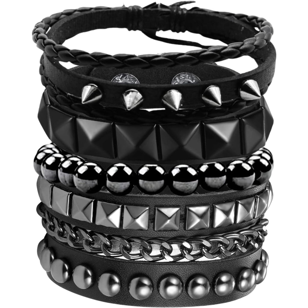 4 Pcs Punk Rock Leather Studded Bracelets for Men Women 80s Gothic Spike Cuff Bracelet Set Emo Accessories for Rocker Outfits