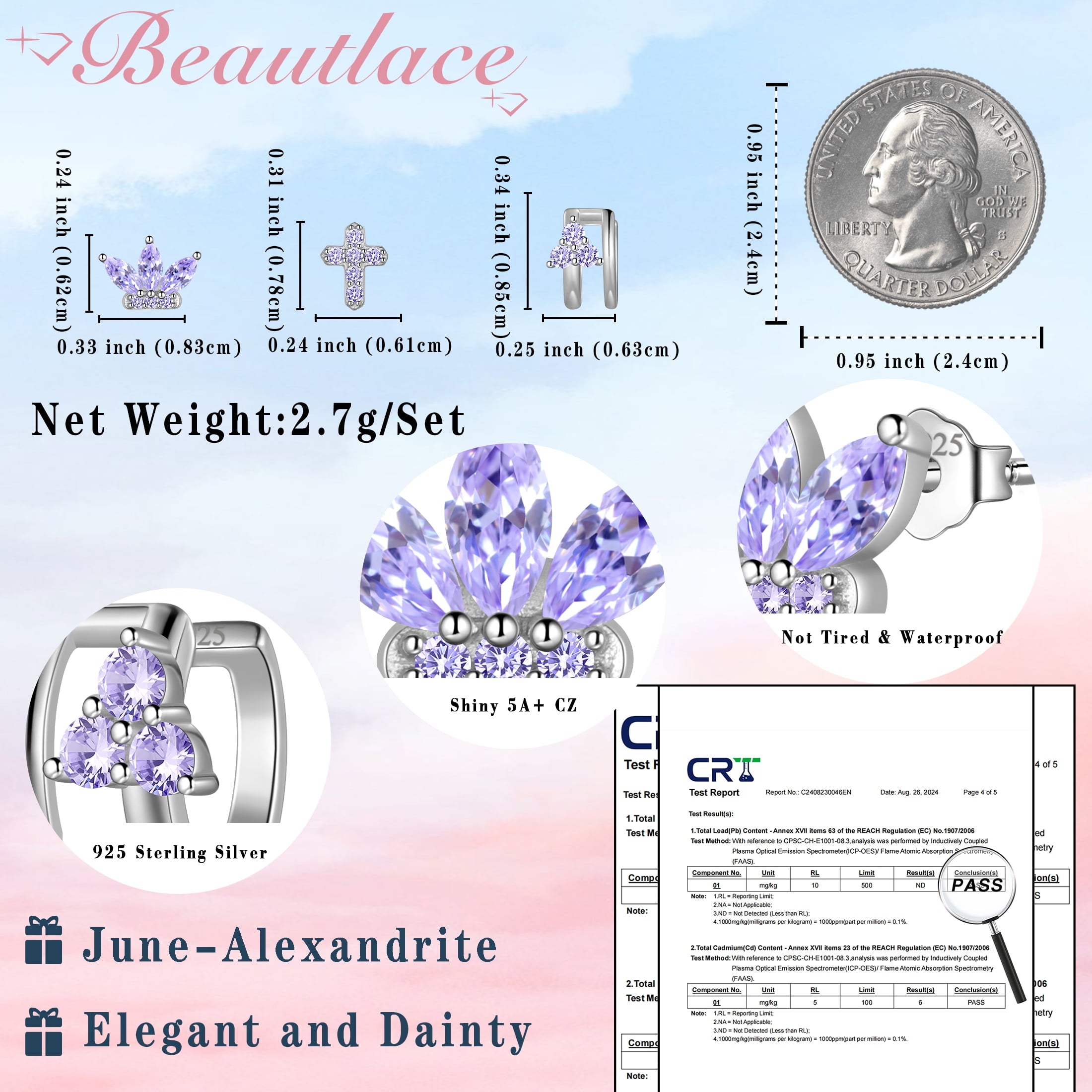 3 Pairs 925 Sterling Cross Earrings Set for Women, Flower Studs and Ear Cuffs Jewelry Set for Her