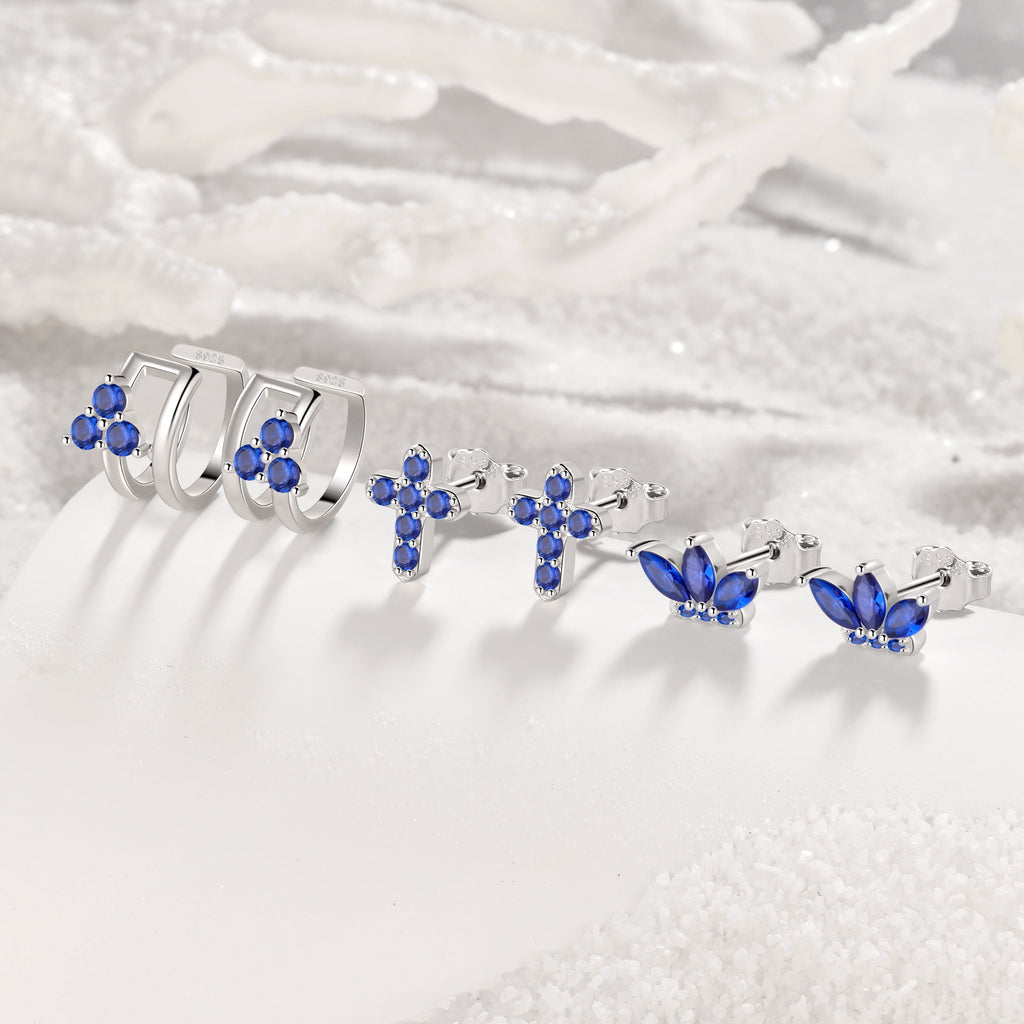 3 Pairs 925 Sterling Cross Earrings Set for Women, Flower Studs and Ear Cuffs Jewelry Set for Her