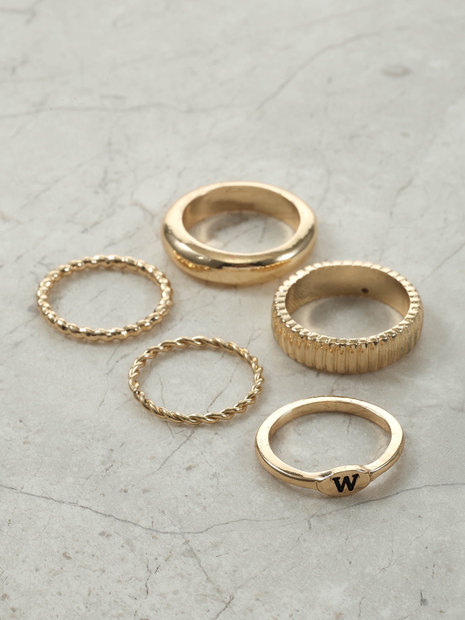 Goldtone Initial Ring Set, 5 Piece, Size 7, Initial J
