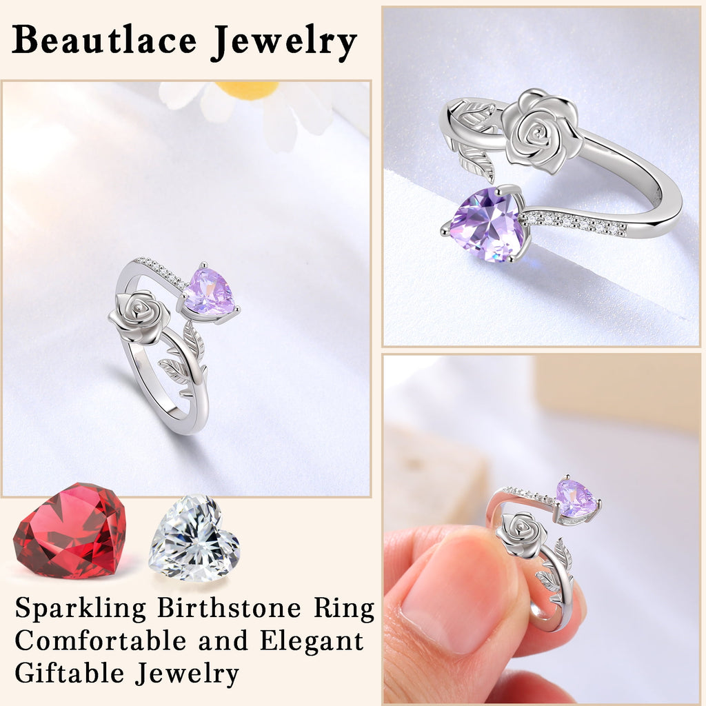Rose Heart Ring,925 Sterling Adjustable Open Heart Rings Jewelry Gifts for Women Mom -December