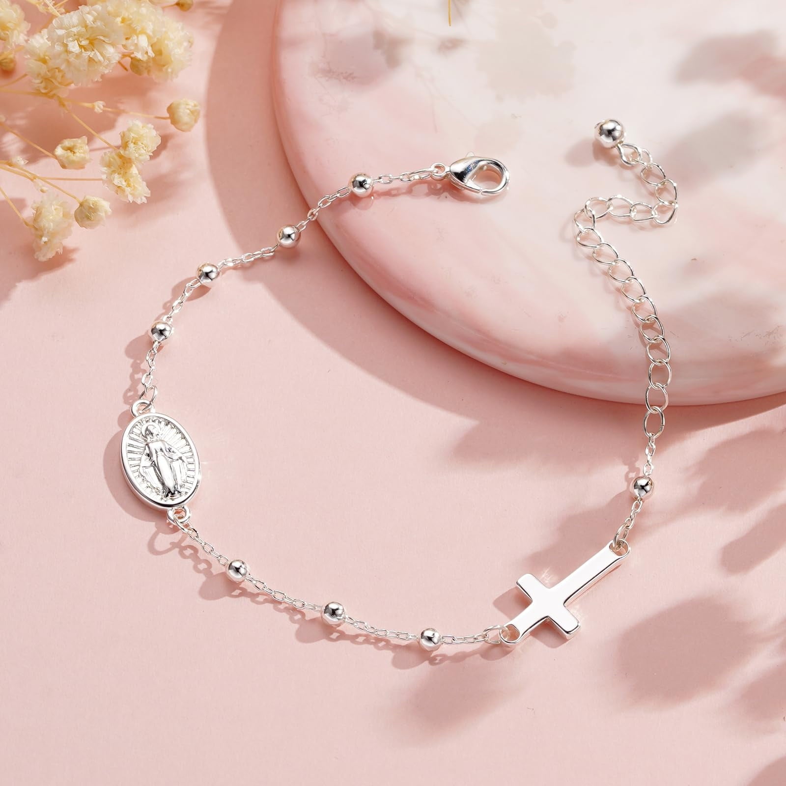 Rosary Beads Virgin Mary Cross Charm Bracelet for Women Kids Girls Teen Daughter Granddaughter Mom Wife Girlfriend Stuff Christian Catholic Jewelry Gifts for Women Girls Age