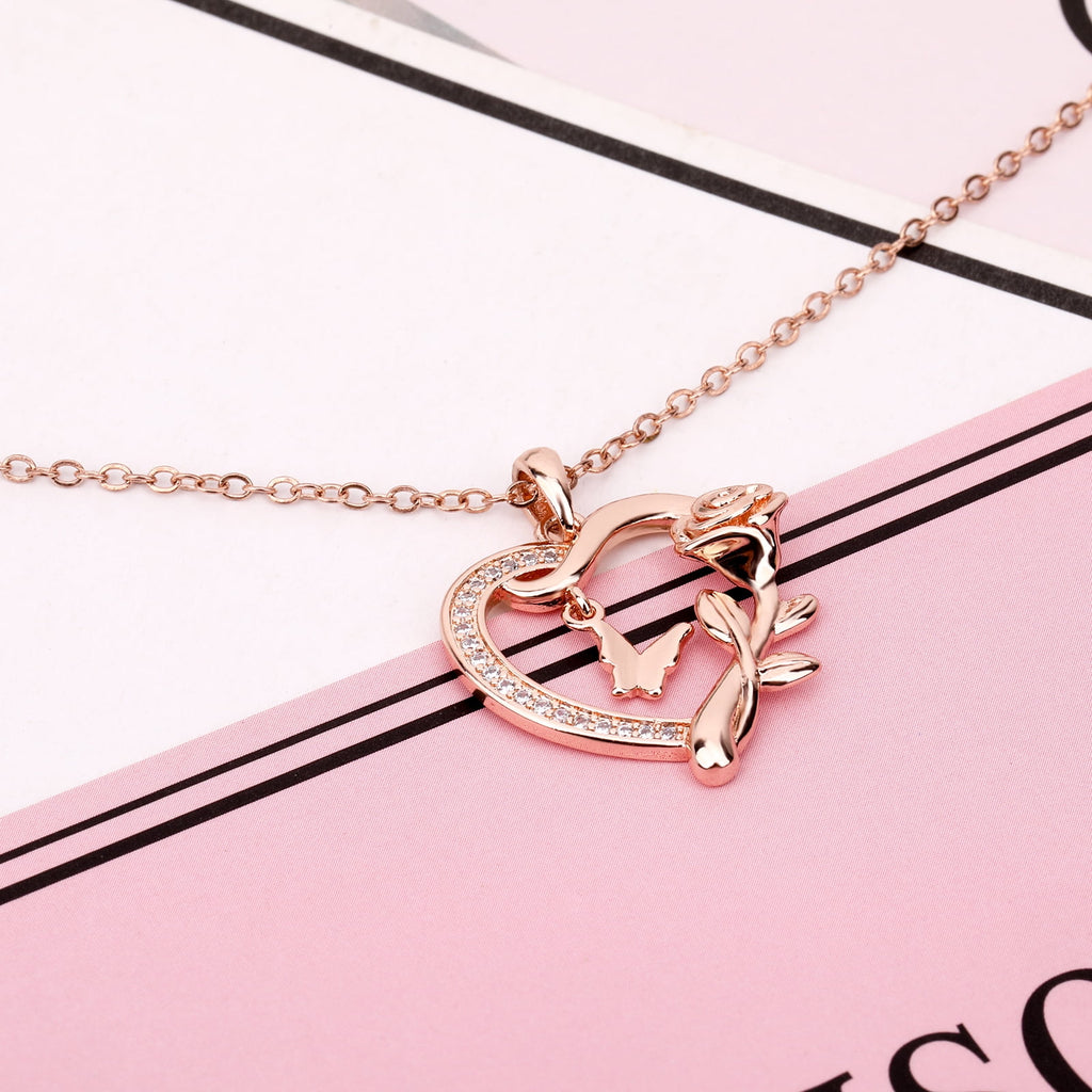 Heart Necklace for Women 14k Plated CZ Rose and Butterfly Jewelry for Women 's Day