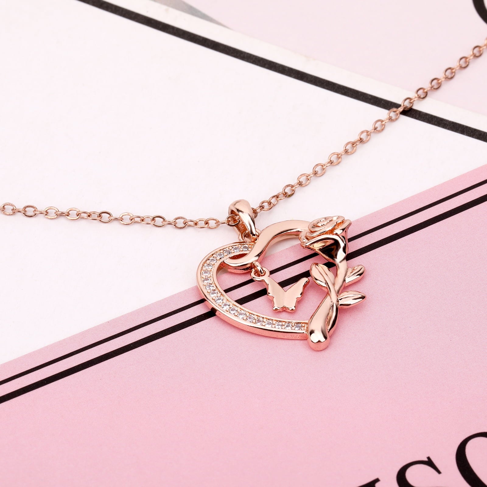Heart Necklace for Women 14k Plated CZ Rose and Butterfly Jewelry for Women 's Day