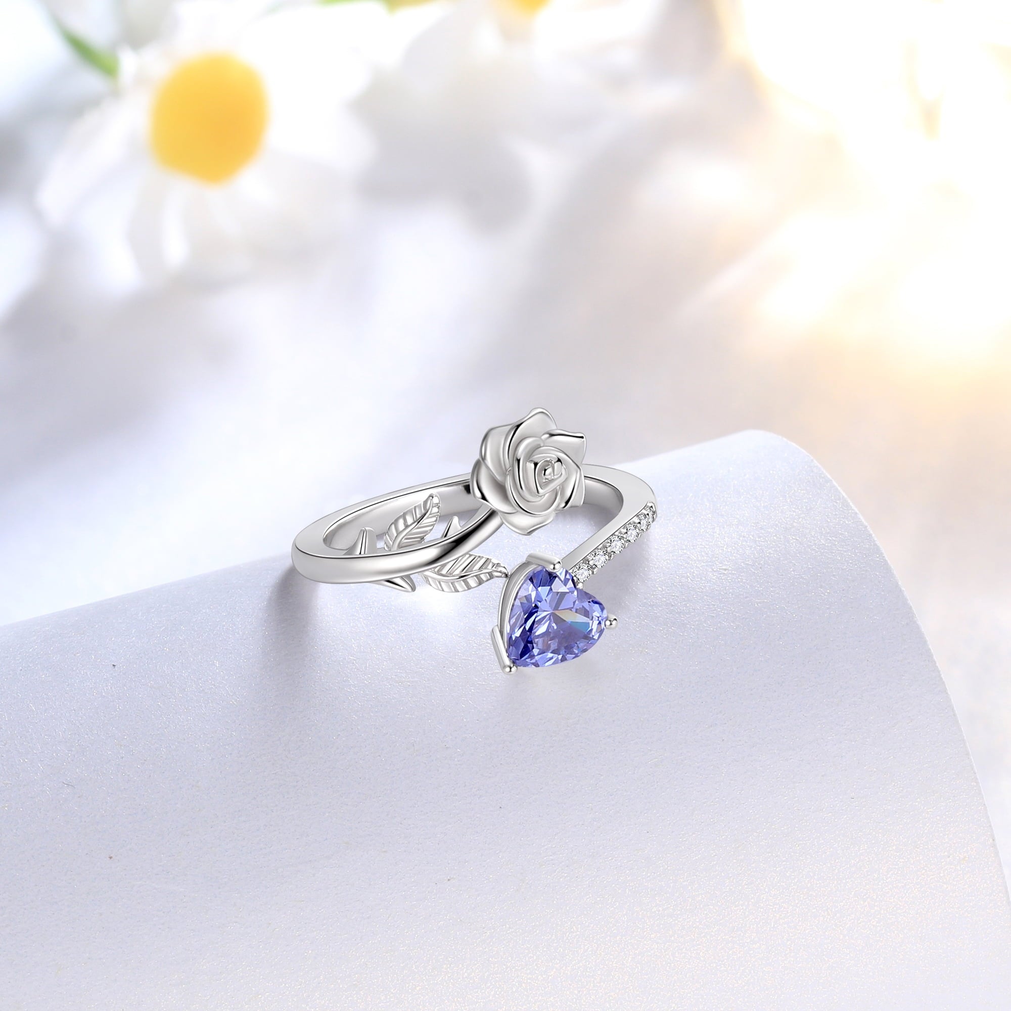 Rose Heart Ring,925 Sterling Adjustable Open Heart Rings Jewelry Gifts for Women Mom -December