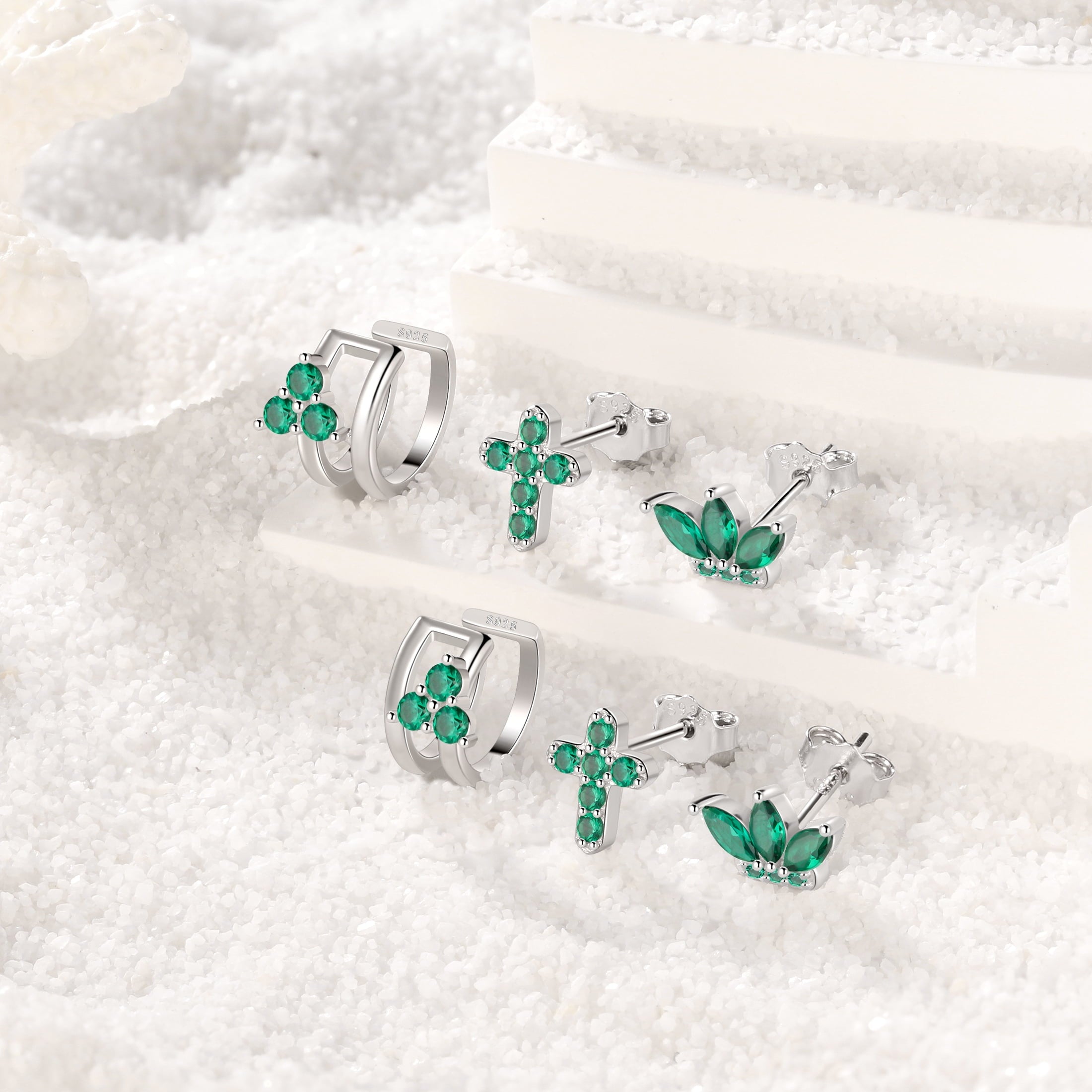 3 Pairs 925 Sterling Cross Earrings Set for Women, Flower Studs and Ear Cuffs Jewelry Set for Her