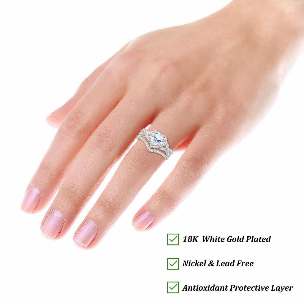 S925 Sterling Plated Heart Wedding Rings for Women CZ Eternity Band Engagement Rings Set Valentines Jewelry Gifts Her Girlfriend Wife Adults Ideas