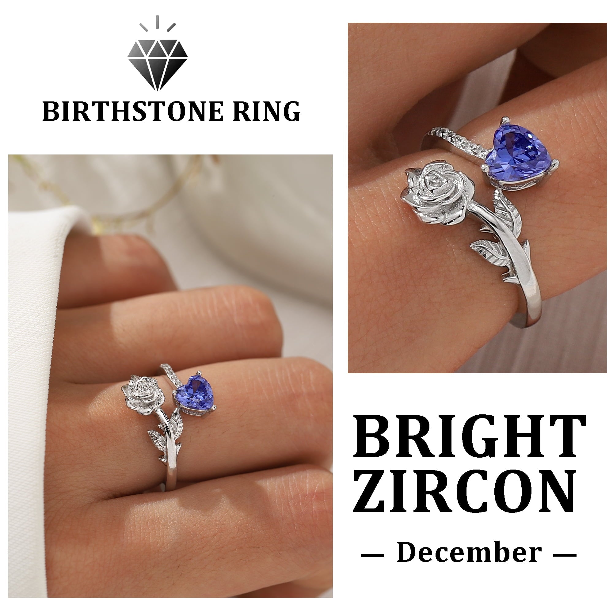 Rose Heart Ring,925 Sterling Adjustable Open Heart Rings Jewelry Gifts for Women Mom -December