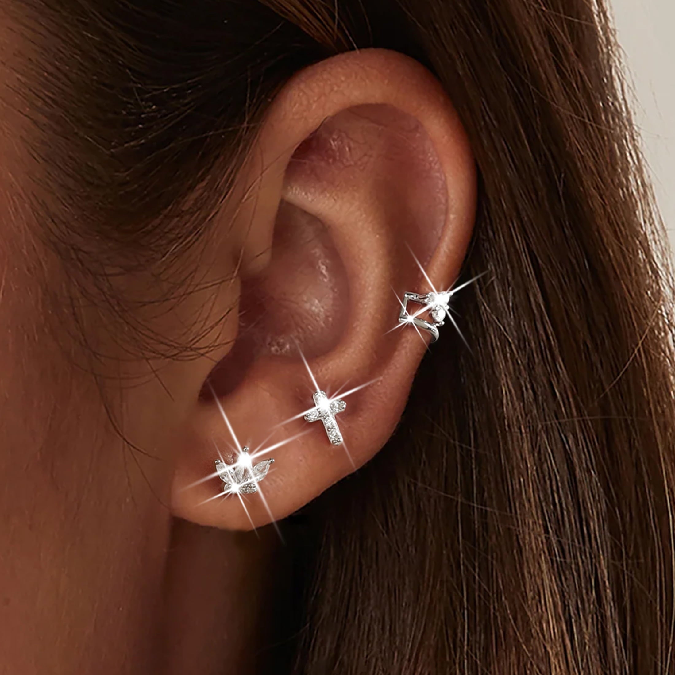 3 Pairs 925 Sterling Cross Earrings Set for Women, Flower Studs and Ear Cuffs Jewelry Set for Her