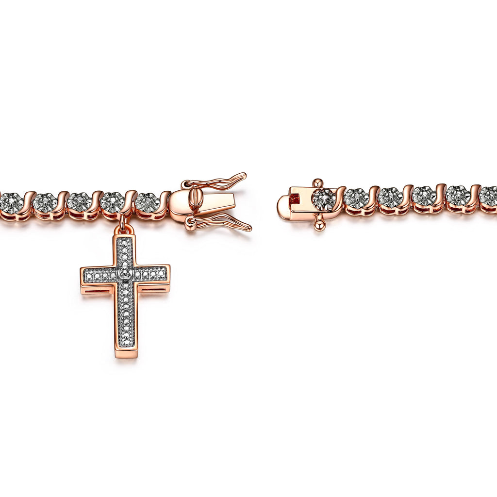 18K Yellow Plated Diamond Accent Cross Charm Tennis Bracelet, 7.25"