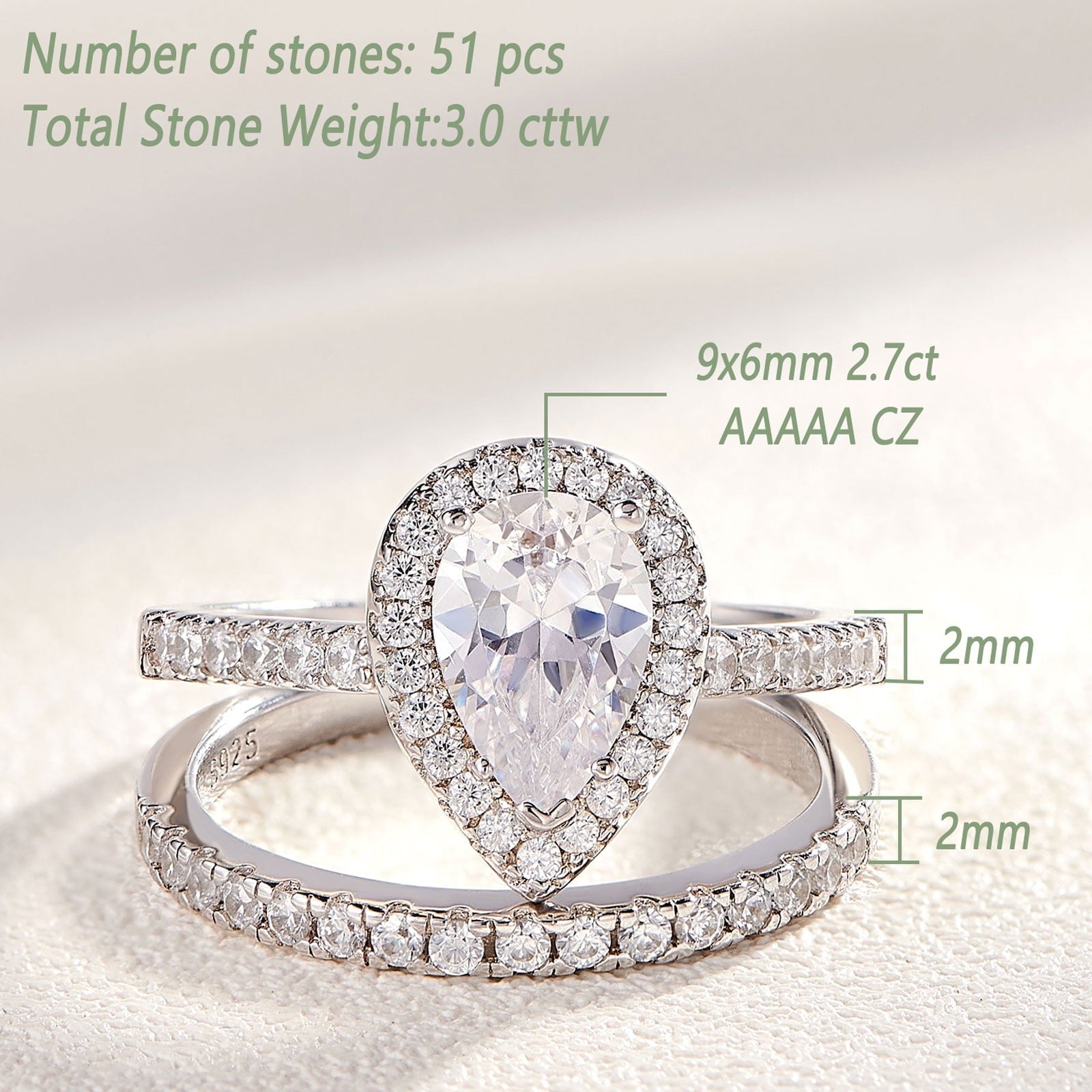 2Ct Round Cut Wedding Rings for Women Halo Engagement Ring Sets 925 Sterling CZ Size 8