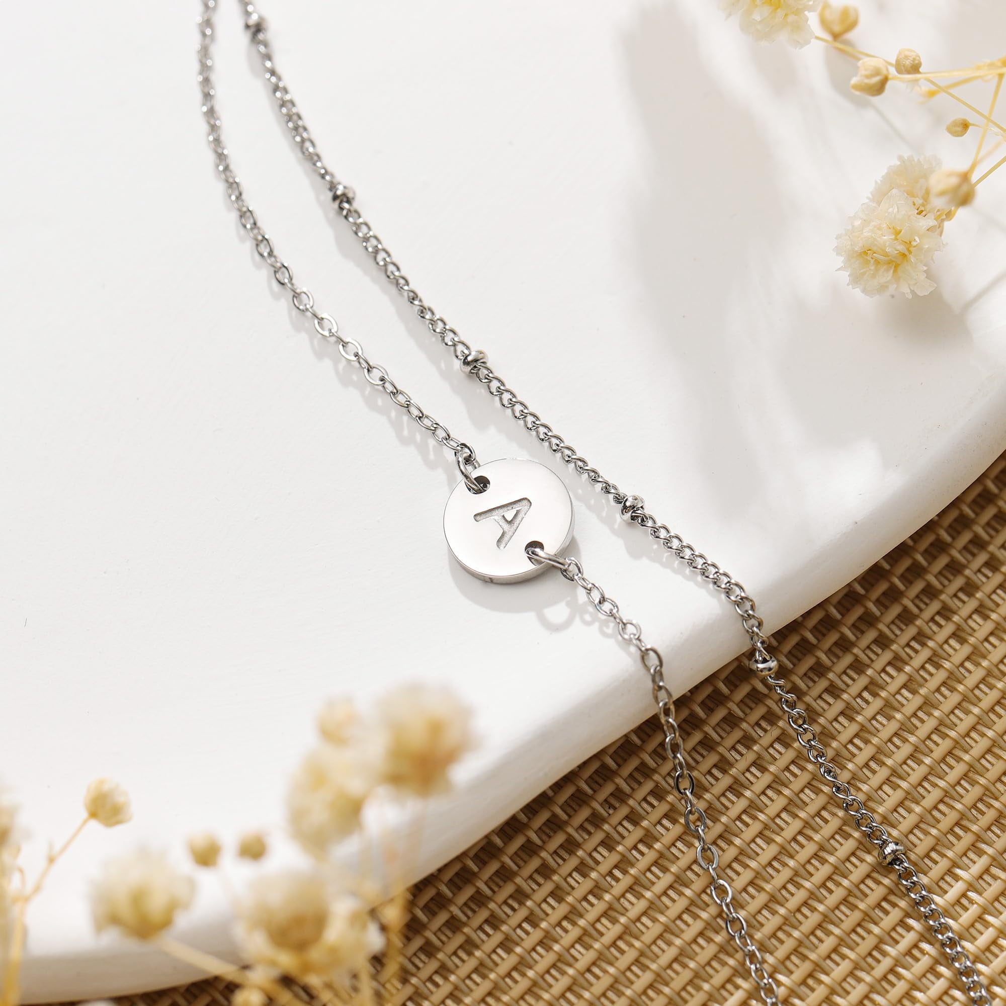 14K Plated Dainty Charm Disc Layered Initial Link Bracelet for Women Letter A-Z Jewelry Personalized Easter for Her Kids Women Girls