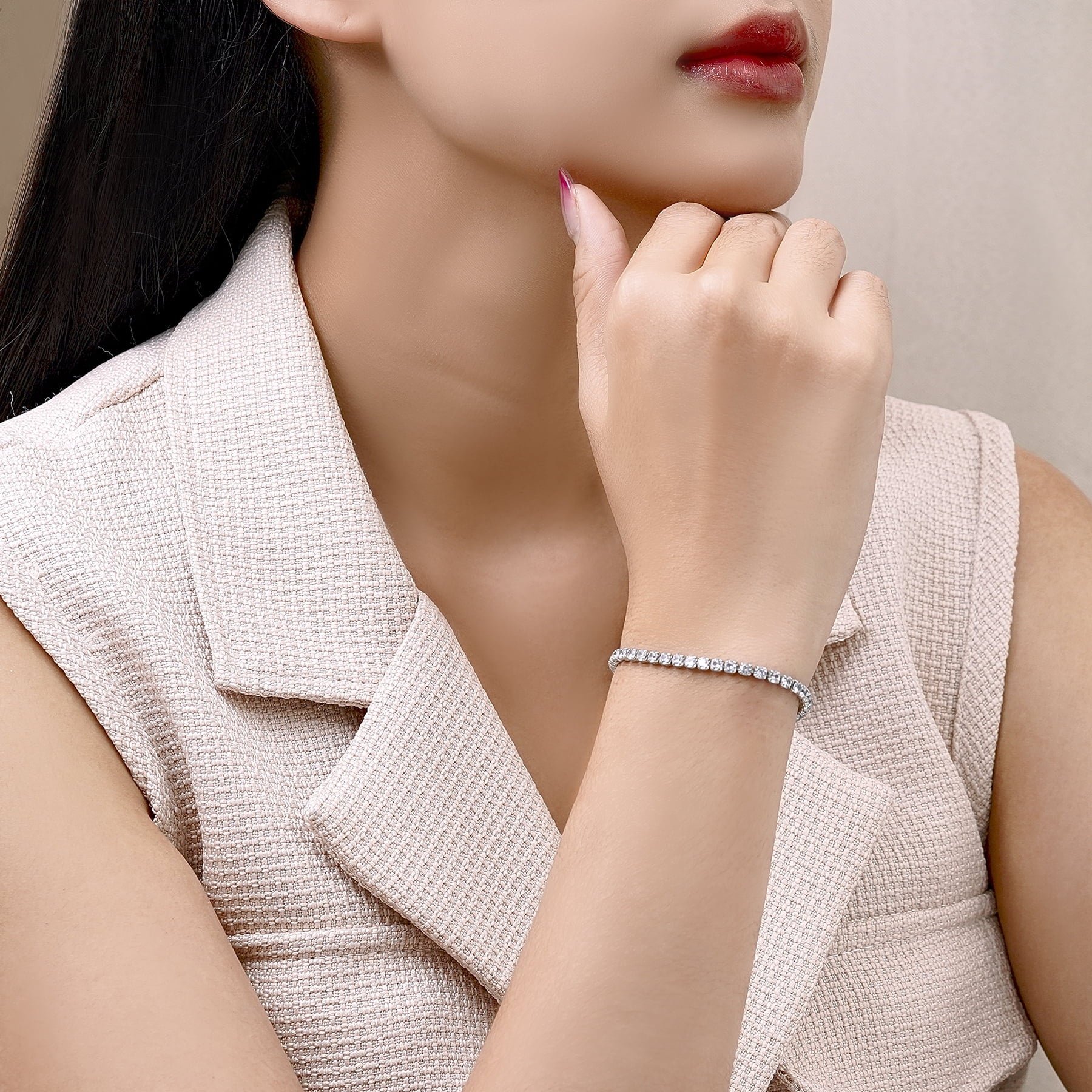 5.5 April Cubic Zirconia - Round Cut Tennis Bracelet Eternity Design - White Plating, Female, Adult
