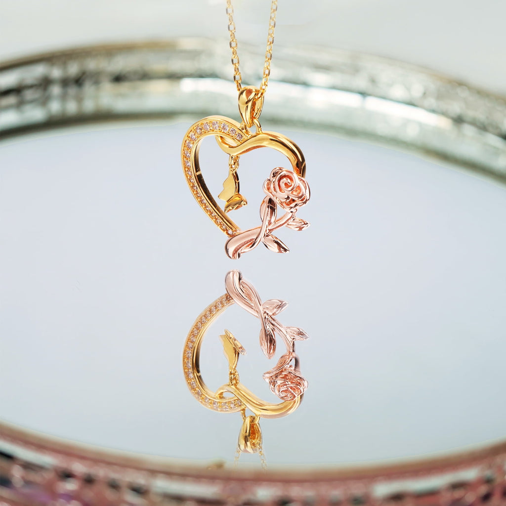 Heart Necklace for Women 14k Plated CZ Rose and Butterfly Jewelry for Women 's Day