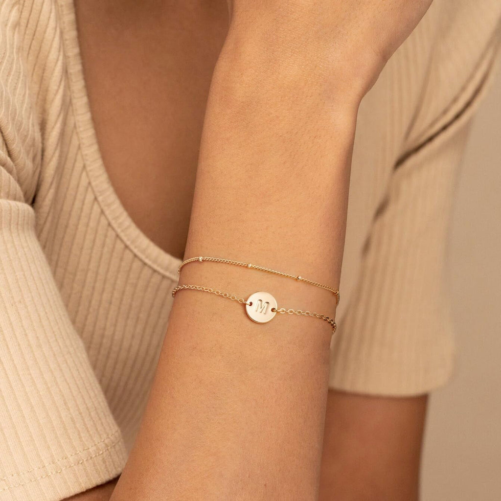 14K Plated Dainty Charm Disc Layered Initial Link Bracelet for Women Letter A-Z Jewelry Personalized Easter for Her Kids Women Girls