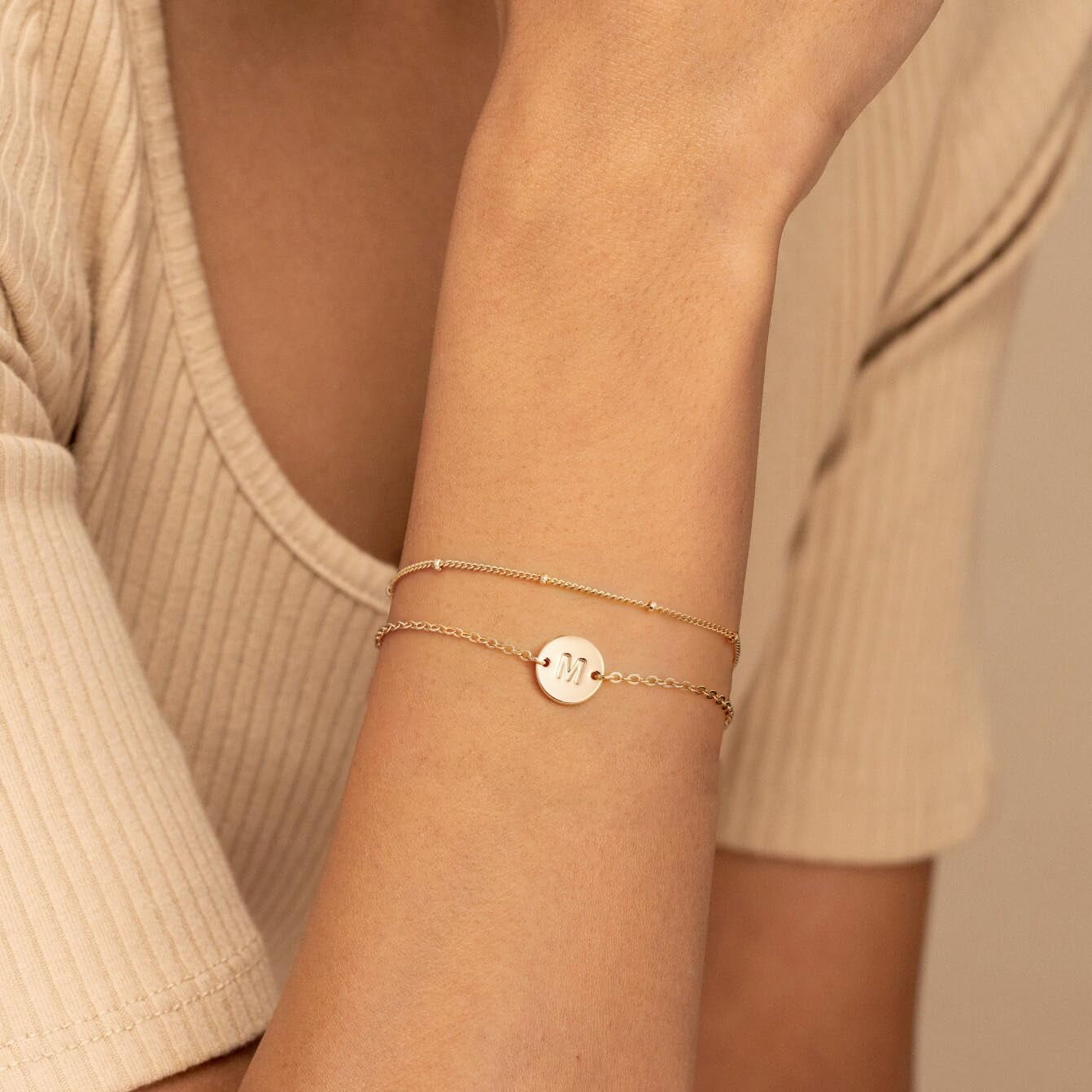 14K Plated Dainty Charm Disc Layered Initial Link Bracelet for Women Letter A-Z Jewelry Personalized Easter for Her Kids Women Girls