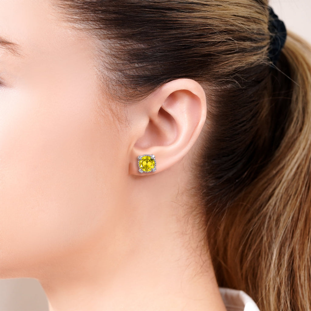 3.5 Round Cut April Stud Earrings - Halo Milgrain Earrings in 18K White Plating for Women