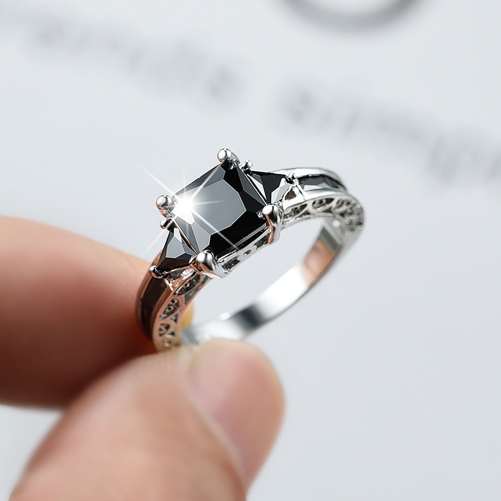 Women Ring Black Zircon Ring Ladies Jewelry Engaged Ring (Black,9)