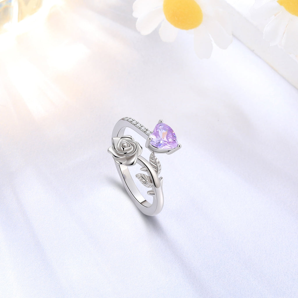 Rose Heart Ring,925 Sterling Adjustable Open Heart Rings Jewelry Gifts for Women Mom -December