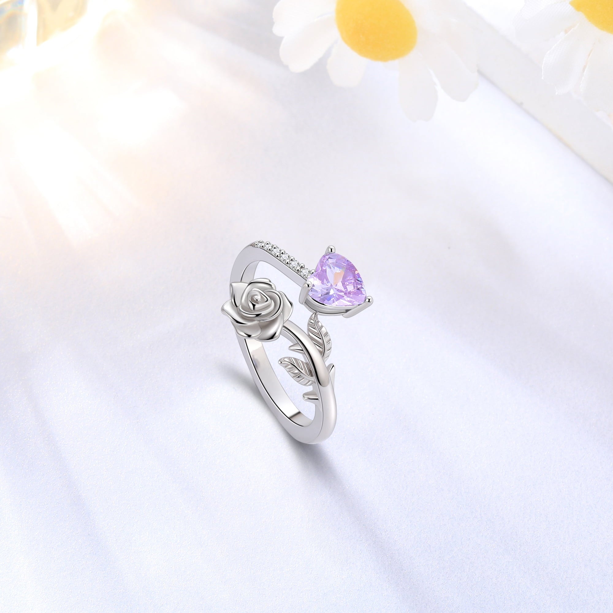Rose Heart Ring,925 Sterling Adjustable Open Heart Rings Jewelry Gifts for Women Mom -December