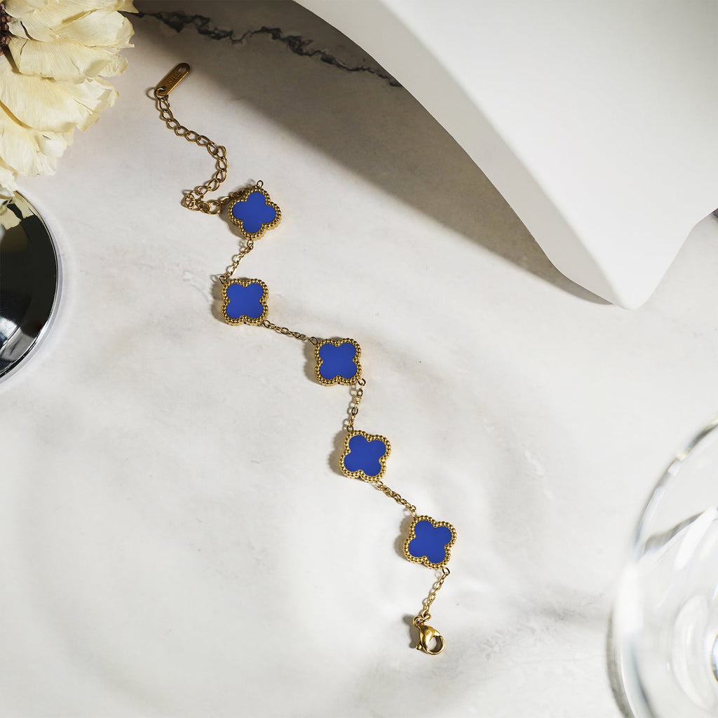 White Flower Link Bracelet in Yellow Plated