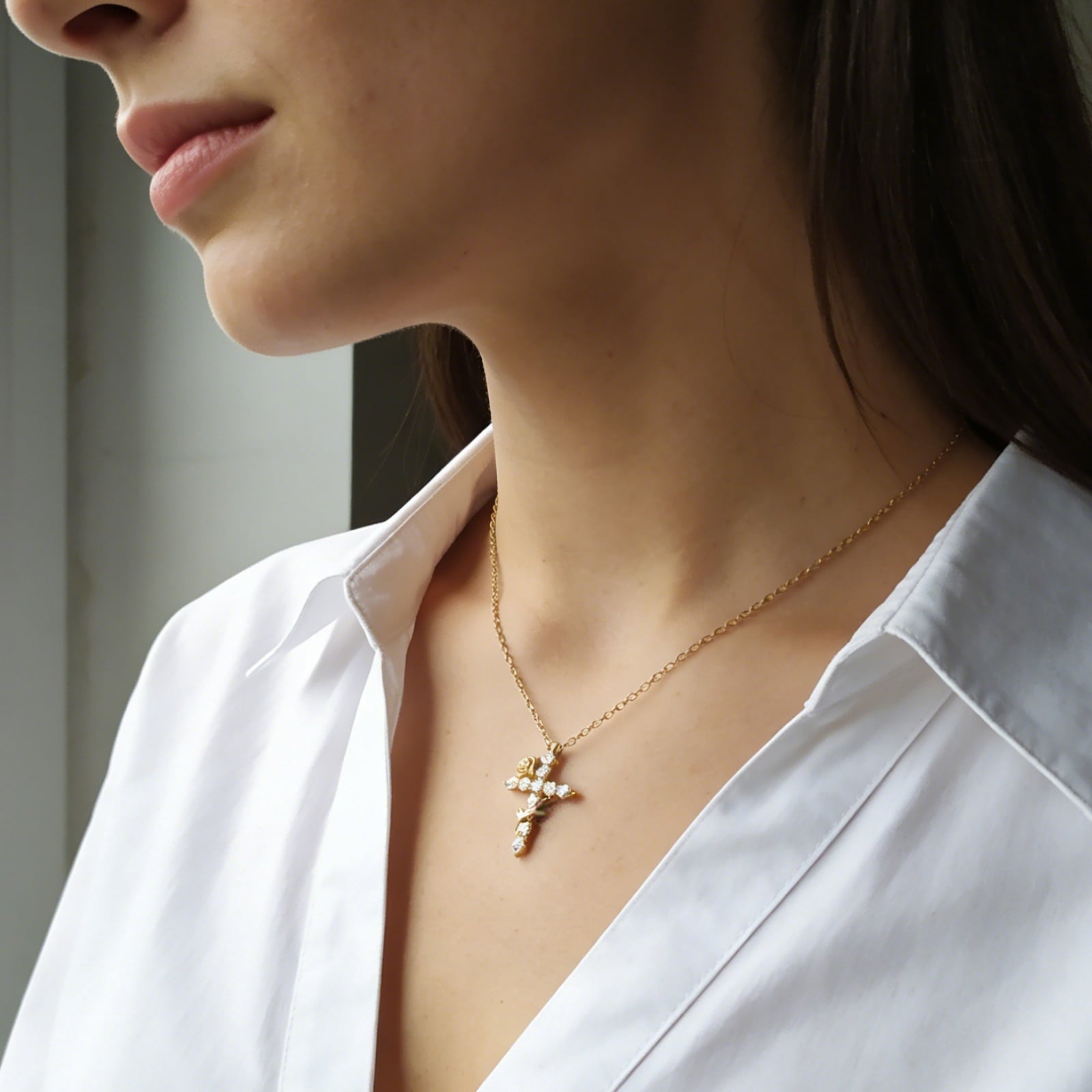 14K Plated Zirconia Cross Pendant Necklace for Women with 925