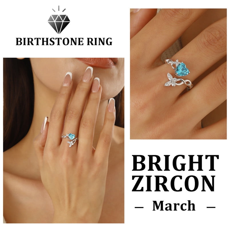 Heart Halo Ring,Butterfly 925 Sterling Adjustable Open Band Rings Valentines Jewelry Gifts for Women Mom-March
