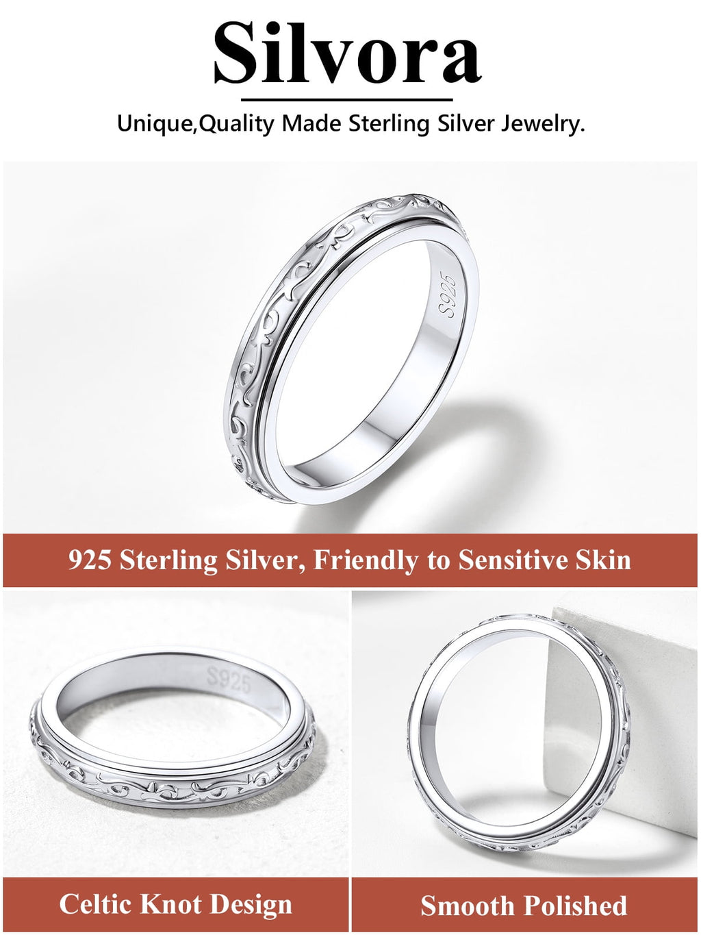 S925 Sterling Fidget Rings Embossed Celtic Spinner Rings Anxiety Stress Relieving Band Gifts for Women, Size 7