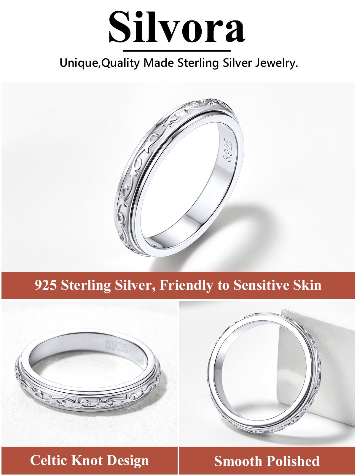 S925 Sterling Fidget Rings Embossed Celtic Spinner Rings Anxiety Stress Relieving Band Gifts for Women, Size 7