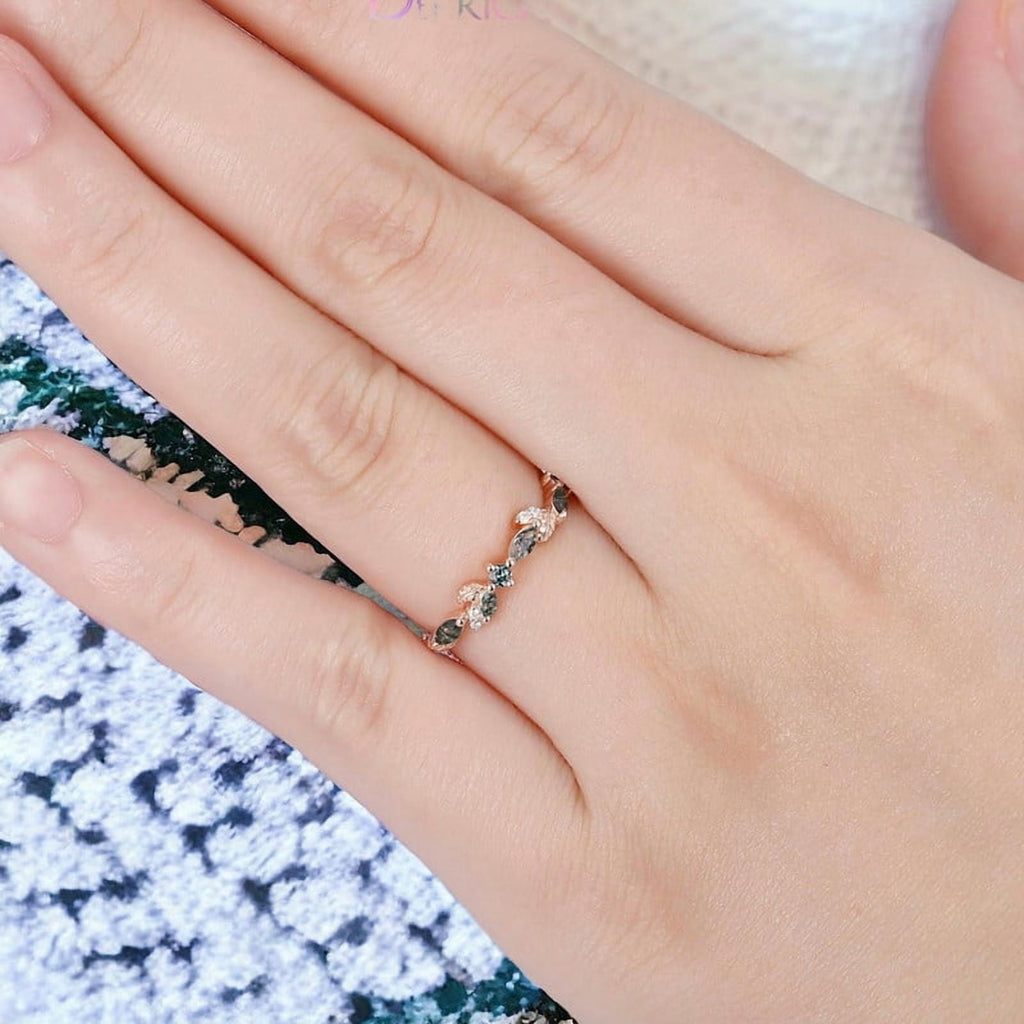 Leaf Vine Moss Agate Wedding Band Marquise Alexandrite, Dainty Ring Bridal Jewelry for Her Rose 11.5