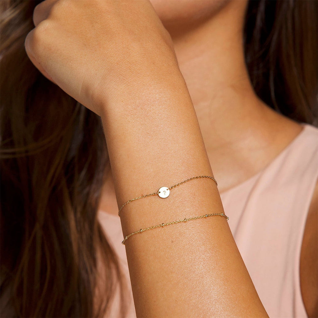 14K Plated Layered Initial Bracelets for Women Girls Dainty Adjustable Disc Charm Chain Personalized Letter A-Z Jewelry Easter Gifts for Women Girls
