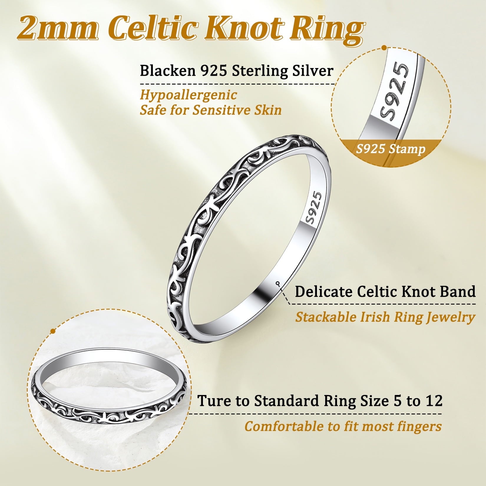 925 Sterling Celtic Knot Band Ring, 2MM Thin Vintage Finger Thumb Ring for Women